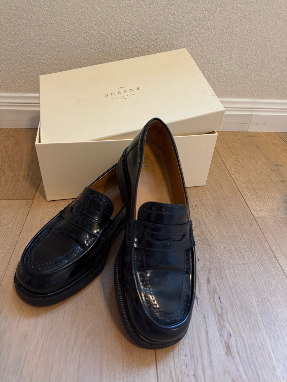 Sezane Black Leather Penny Loafers